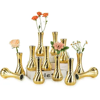 NUPTIO Kleine Glasvasen Vase Gold: 12 Stück Mini Vasen Blumenvase für Tischdeko Vintage Hochzeit Geburtstag - Gerippte Glasvase Goldene Vase für Heimdekoration Party