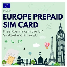 travSIM Europe SIM Card | 12 GB Mobile Daten mit 4G/5G Geschwindigkeit | Kostenloses Roaming in Großbritannien, der Schweiz und mehr als 30 EU Ländern | Plan auf Europa SIM Karte ist 30 Tage Gültig