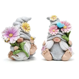 Hodao Set mit 2 Frühlingswichteln Dekorationen Blumenzwerge Ornamente Dekor Sommer Zwerge Figuren Frühling Zwerge für Outdoor Garten Dekor Frühling Geburtstag Geschenke für Frauen, Mutter, Oma (Grau)