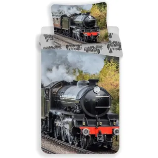 Jerry Fabrics Lokomotiva Bettwäsche 140 x 200 + 70 x 90 cm 100% Baumwolle - Schwarz/Rot/Grau
