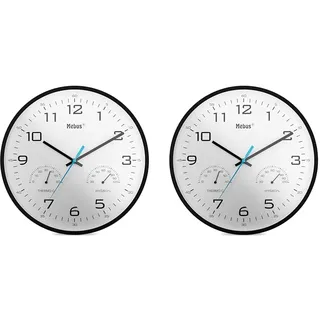 Mebus Temperatur und Luftfeuchtigkeit Analoge Quarz Wanduhr mit Thermometer und Hygrometer, Kunststoff, Schwarz, 30 cm Durchmesser, 16180 (Packung mit 2)