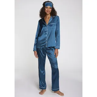 Pyjama S.OLIVER, Damen, Gr. 42, blau (dunkelgrün), Webqualität;Satin, Obermaterial: 95% Polyester, 5% Elasthan, unifarben mit Farbeinsatz, regular fit lang, V-Ausschnitt, Manschette, Homewear-Sets Pyjama, mit Schlafmaske