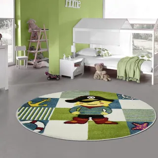 Teppich-Traum Kinderteppich Spielteppich Kinderzimmerteppich Pirat in türkis grün Creme Größe 120 cm Rund