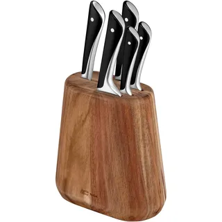 Jamie Oliver by Tefal 5-teiliges Küchenmesser-Set + Block, Koch-/Santoku-/Brot-/Universal-/Schälmesser, eisgehärtet, deutsche Edelstahlklingen, Akazienholz-Block, Braun, K267S556