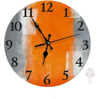 LOKMU Leise, Nicht tickende Uhr, 25.4 cm, runde Wanduhr, dekorativ für Wohnzimmer, Küche, Zuhause, Bad, Büro oder Schule, graues und orangefarbenes abstraktes Kunstgemälde (grau und orange)