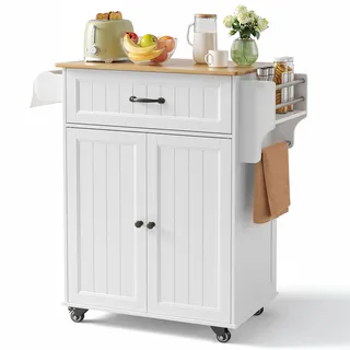 Bealife Küchenwagen mit Handtuchhalter und Gewürzboard, Kücheninsel auf Rollen, Bewegliche Küchenwagen mit Arbeitsplatte, Servierwagen für Küche, Esszimmer, Flur (weiß)