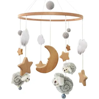 Mobile Baby Holz Schaf Mobile Babybett Windspiel, Wolken Mond Stern Baby Mobile für bett, Baby Spielzeug Geschenk für mädchen oder Jungen (Grau)
