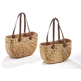 Kobolo Tasche Set aus Wasserhyazinthe Kunstledergriffen - zwei Größen Korbtaschen Taschen Korbtasche Henkeltasche Damentasche Einkaufstasche Körbe - Braun