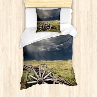 ABAKUHAUS Stall-Holz-Wagon Wheel Mantele, Wagen Wolken, Milbensicher Allergiker geeignet mit Kissenbezügen, 135 cm x 200 cm - 80 x 80 cm, Umber Grün Dunkelblau - Grün