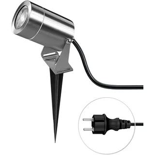 JNR Edelstahl LED Gartenbeleuchtung mit Strom und Erdspieß (1, Silber) | IP65 Wasserdicht Gartenlampen für Draußen Strom mit 2M Kabel mit Stecker, Gartenleuchten 5W GU10 3000K Warmweiß Glühbirne