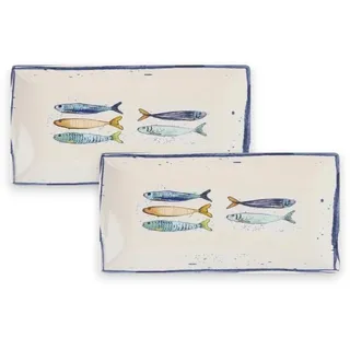 Teller im mediterranen Design mit Sardinen-Motiv | Maritime Speiseteller (26 cm), Suppenteller (21 cm) oder Dessertteller (20 cm) - robust, Steinzeug, glattes Finish (2er Set rechteckig (30 x 15cm))