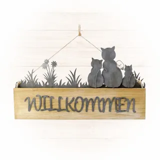 Holz-Metall-Schild „Willkommen“ mit Katze – ca. 28 x 16 cm – Natur-grau-weiß Sortiert – Türschild & Wanddeko für Katzenfreunde – Logbuch-Verlag