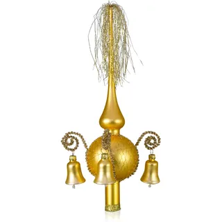 Lauschaer Glas Weihnachtsbaumspitze mit Glöckchen Gold matt, umsponnen L ca. 28cm d(Kugel) 7cm Christbaumschmuckspitze mundgeblasen,handdekoriert,Leonischer Draht