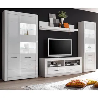 Wohnwand "Carrara" weiß Hochglanz Schrankwand 4-teilig 335 x 198 - Weiß
