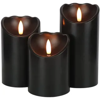 Eldnacele Schwarze LED Kerzen, 3er Set aus Echtwachs mit 6-Stunden-Timer | Stumpenkerzen, flackernde Flamme, 3D-Docht, batteriebetrieben, flammenlos, für Halloween- und Tischdeko