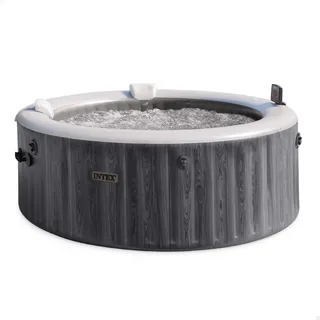 INTEX PureSpa Greywood Deluxe - Whirlpool für 4-Personen, mit grauer Holzmaserung, 140 Luftdüsen, 2200 W Heizung, mit LED-Beleuchtung, Wasserenthärtungssystem & App-Steuerung
