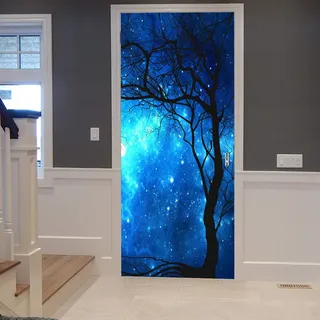 A.Monamour Türtapete Selbstklebend Türfolie Türposter 3D Blaue Galaxie Sternen Himmel Wald Bäume Nacht Szene Naturlandschaft Vinyl Folie Türdeko Tapete Wandbild Türaufkleber Türtattoo 77 x 200 cm