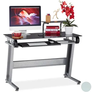 Relaxdays PC Schreibtisch, Glas, Tastaturauszug und Ablage, platzsparend, modernes Design, HBT 94x110x58 cm, schwarz