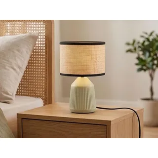 LED Tischlampe mit Keramikfuß Grün, Lampenschirm Papier geflochten, 26,5cm klein - Grün