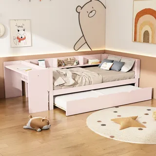Flieks Kinderbett 90x200cm mit Ausziehbett, Einzelbett Holzbett mit Schreibtisch und Regal, Klassisches Bett für Kinderzimmer, Rosa - Rosa