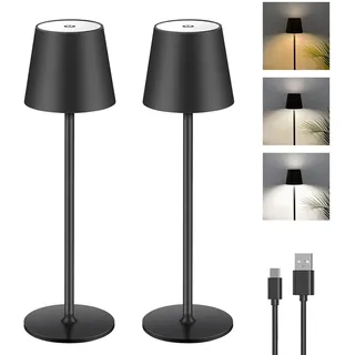 2 Stück Dimmbare LED Akku Tischlampe, Touch Kabellose Tischleuchte mit USB-C, Metall LED Wiederaufladbar Akku Tischlampe für Outdoor und Indoor, Aluminium, IP44 Wasserdicht, 5600mAh, 5W, Schwarz