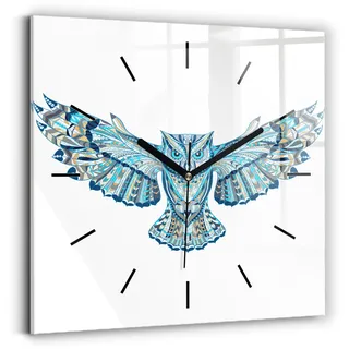 Wallfluent Wanduhr – Stilles Quarzuhrwerk - Uhr Dekoration Wohnzimmer Schlafzimmer Küche - Zifferblatt mit Striche - schwarze Zeiger - 30x30 cm - Eule im Flug - Blau