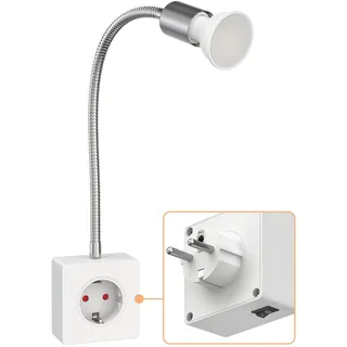 ledscom.de Steckdosenlampe LESCH Leselampe, chrom/weiß inkl. GU10 LED Lampe 6,1W, 609lm, 3-Stufen-Dimmer, weiß