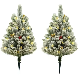 IDEALHOUSE 2er Set Mini-Künstlicher Weihnachtsbaum 75 cm schmal (Pencil) mit 50 warmweißen LEDs, batteriebetrieben - schneebedeckt, rote Beeren - Outdoor Veranda/Garten Deko - Flocked