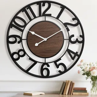 Pytha Sight Wanduhr Groß XXL Wohnzimmer Ohne Tickgeräusche,Große Wanduhr 35cm,Schwarz Vintage Grosse Industrial Walnuss Arabisch Ziffern Wanduhren für Modern Wohnzimmer,Küche,Büro,Heimdekoration
