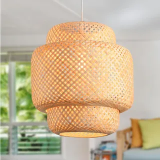 JOYINLED Deckenlampe Bambus Hängelampe Korb Boho Lampe Esszimmer Ø30cm Wohnzimmer Hängend Rattan Natur Küche Vintage E27 Retro 1,5m Textilkabel(Glühbirne nicht enthalten)
