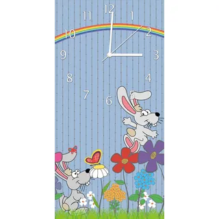 Wallario Design Wanduhr Süße Hasen unter einem Regenbogen aus Echtglas, Größe 30 x 60 cm - Blau
