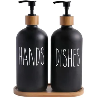 Glas Seifenspender Set, BIKALAN 475ml Seifenspender Schwarz Matt Badezimmer Set mit Tablett, Shampoo Lotion Handseifenspender für Küche Arbeitsplatte