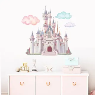 PLIGREAT Prinzessin Schloss Wandtattoos, Aquarell Wolke Fee Schloss Wandaufkleber, große Vinyl abnehmbare Wandtattoo für Mädchen Schlafzimmer Kinderzimmer Wohnzimmer Wandkunst Dekor