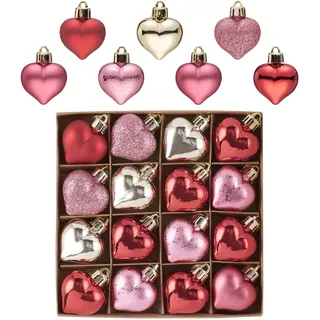 Valery Madelyn 16pcs Weihnachtskugeln 4cm mini Rot Rosa Gold Kunststoff Christbaumkugeln mit Aufhänger,Bruchsicher, Herz Baumschmuck Anhänger für Weihnachtsdeko,Valentinstag deko