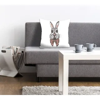 Dekokissen QUEENCE "Birger", braun (braun, rotbraun, bedruckt), B:40cm L:40cm, Polyester, Dekokissen_Sitzkissen_Kissenhüllen, Dekokissen, mit einem Hasen mit Fliege