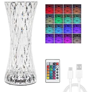 EXTRASTAR LED Kristall Tischlampe, RGB Tischlampe mit Fernbedienung, Dimmbare Touch Lampe, 16 Farben und Helligkeit Einstellbar, USB-Aufladbare, Blütenblattförmige Apertur