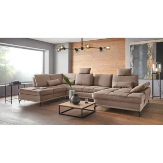 PLACES OF STYLE Wohnlandschaft »Costello U-Form, B: 363 cm mit Sitztiefen-, Armteilverstellung &« 3 Nierenkissen, optional Bettfunktion & Bettkasten, braun