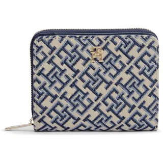 Tommy Hilfiger Geldbörse "TH ICON MED ZA W/ FLAP JACQUARD" Damen Geldbeutel, Portemonnaie mit TH-Schmuckelement, blau