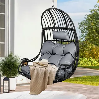 YITAHOME Rattan Hängesessel 150kg, mit Kissen & Getränkehalter, Grau