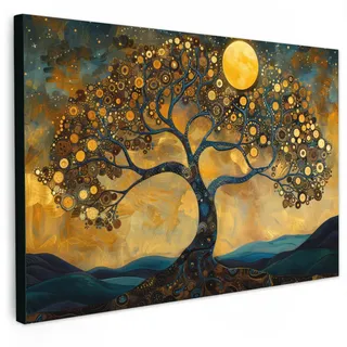 MuchoWow Leinwandbild Baum - Mond - Blumen - Gold - Kunst XXL 150x100 cm , Textil , Rechteckig , 150x100 cm , FSC 100% , gerahmt , Bilder & Rahmen, Bilder, Leinwandbilder