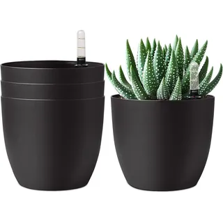 T4U 15cm Selbstwässernder Blumentopf mit Wasseranzeiger Schwarz 4er-Set, Selbstbewässerung Wasserspeicher Pflanzgefäß Übertopf für Innen- und Außenbereich