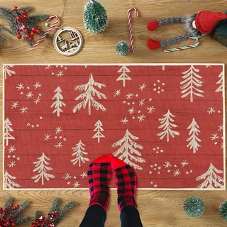 Garvee rutschfeste & waschbare Weihnachts-Fußmatte – Türmatte mit rotem Hintergrund & Weihnachtsbaum-Motiv – Für Innen- & Außenbereich, Eingang, Küche, Bad – Langlebig, Gummirücken – 40x60cm –