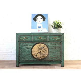 OPIUM OUTLET Kommode Sideboard Schrank Möbel orientalisch chinesisch asiatisch Schränkchen Anrichte smaragd-grün Vintage Shabby Chic Antik Landhaus Stil - Grün, Beige