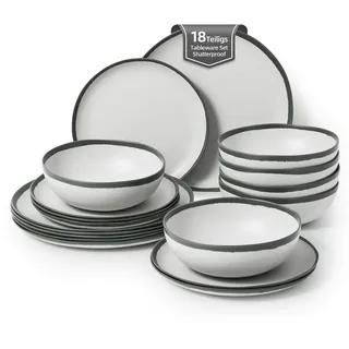 La Joventino Melamin Geschirr Set 6 Personen,Camping Teller Set, Spülmaschinenfest Essgeschirr Set, Ideal für Outdoor,Wohnwagen & Gartenparty (Grauer Rand)