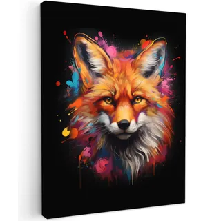 MuchoWow© Wandbilder Schlafzimmer Home Deko Wohnung Bild Wohnzimmer | 60x80 cm - Fotoleinwand Wand Bilder Leinwand Wall Decor Graffiti - Fuchs - Pop-Art - Tiere - Schwarz