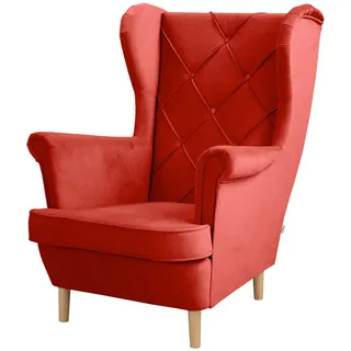 P & B Ohrensessel , Rot , Holz , Buche , 84x105x90 cm , Wohnzimmer, Sessel, Polstersessel