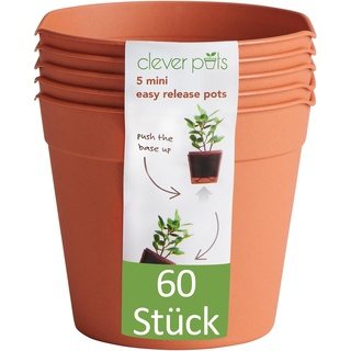 Clever Pots Einfache Freigabe - Mini Kunststoff-Pflanztopf, 60 Stück Außen/Innentopf, leichtes & Wetterresistentes Pflanzgefäß für Blumen & Pflanzen, Ideal für Garten/Terrasse/Veranda, Terrakotta