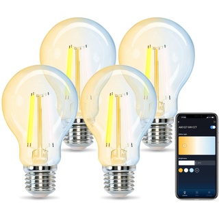 Aigostar Smarte Edison Glühbirne E27 Edison Vintage Glühbirne 6W Wlan Glühbirne LED Retro Glühbirne Dimmbar 2700K-6500K. App Steuern Kompatibel mit Alexa und Google Assistant. Transparent 4 Stücke