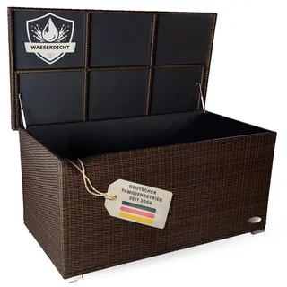 RS Trade Auflagenbox wasserdicht XXL, Gartenbox, Aufbewahrungsbox Garten, Kissenbox Outdoor, Gartentruhe, große Gartenkiste für Polster, wetterfeste Garten-Aufbewahrung, Polyrattan, 950l, braun