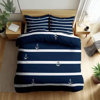 Bettwäsche 135 x 200 cm Mädchen Jungen Kinderbettwäsche, 3D Minimalistisch Maritim Anker Streifen Bettwäsche-Set, Marineblau Mikrofaser Weiche Bettbezug mit 1 Kissenbezug Geschenk Einzelbett